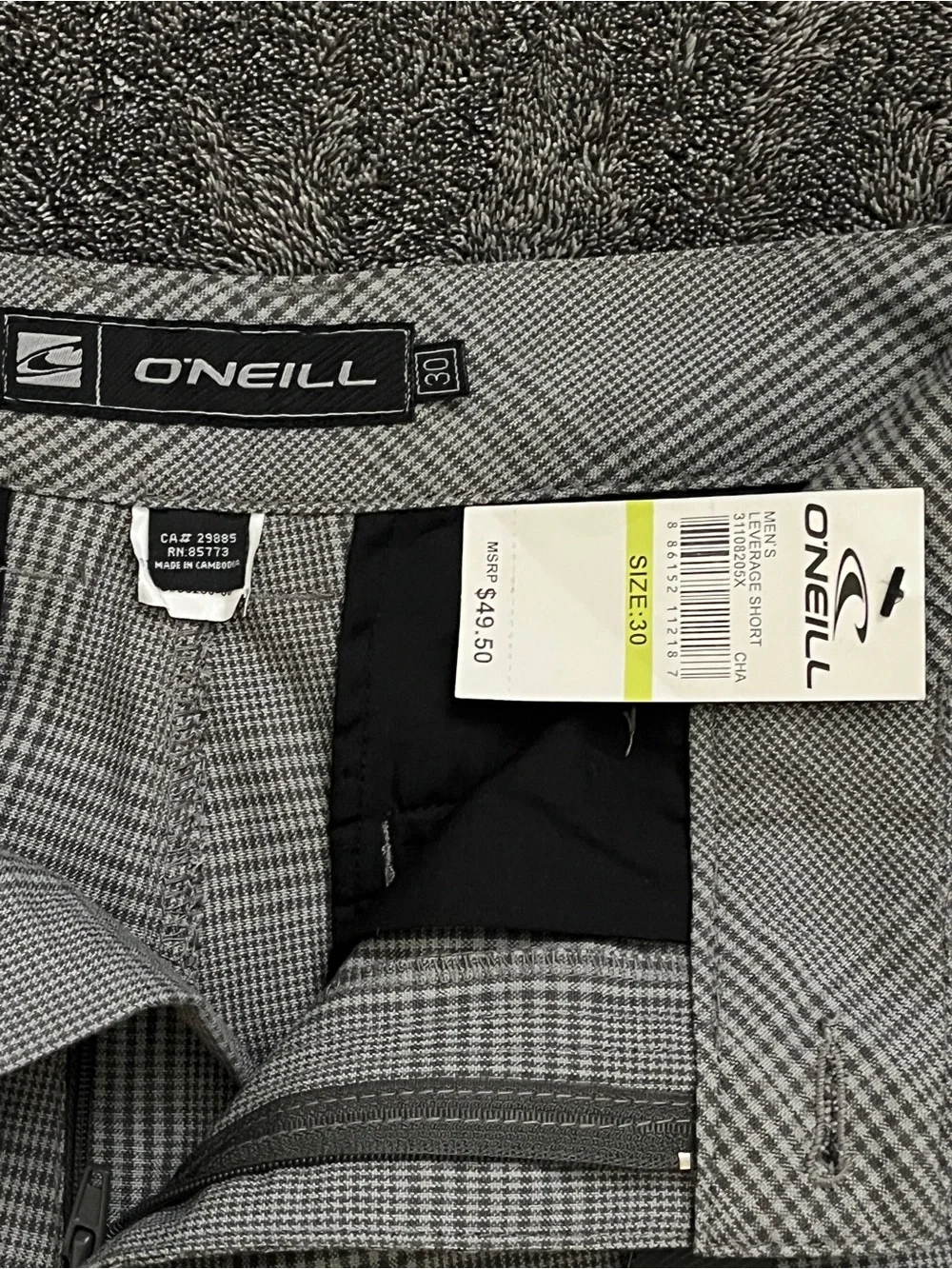 NWT O’Neill Men’s Gray Glen Plaid Leverage Shorts Size 30